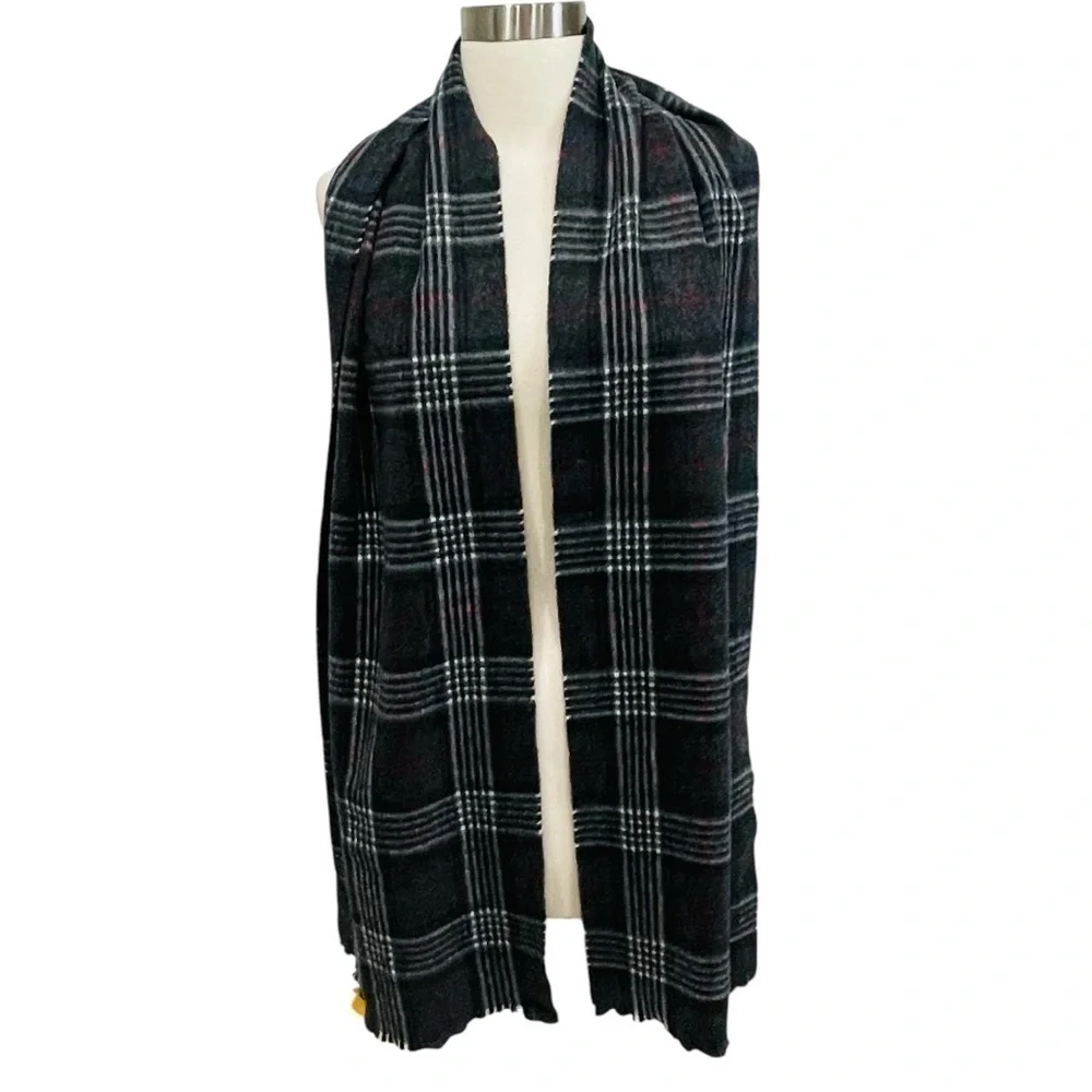 Hickey Freeman Mens 100% Cashmere Scarf Black Gray Red Plaid Check NWT $125